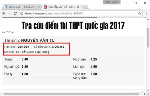 Cách tra cứu điểm thi THPT 2017 tỉnh Hải Phòng theo tên, số báo danh