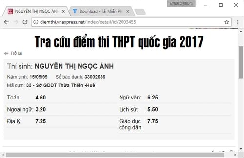 Xem điểm thi THPT 2017 tỉnh Thừa Thiên Huế theo tên, số báo danh