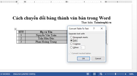 cach chuyen doi bang thanh van ban trong word