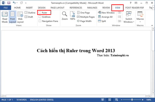 Cách hiển thị Ruler trong Word 2013
