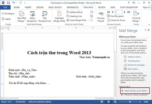 Cách trộn thư trong Word 2013