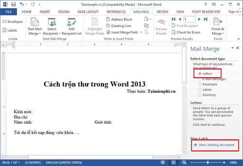 Cách trộn thư trong Word 2013