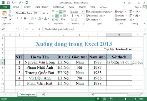 Xuống dòng trong Excel 2013