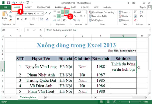 Xuống dòng trong Excel 2013