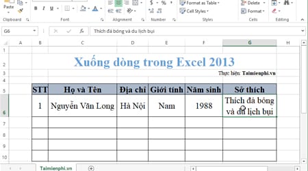 xuong dong trong excel 2013