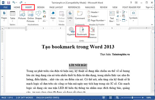 Tạo bookmark trong Word 2013, đi tới vị trí bất kỳ trên trang word nhanh hơn