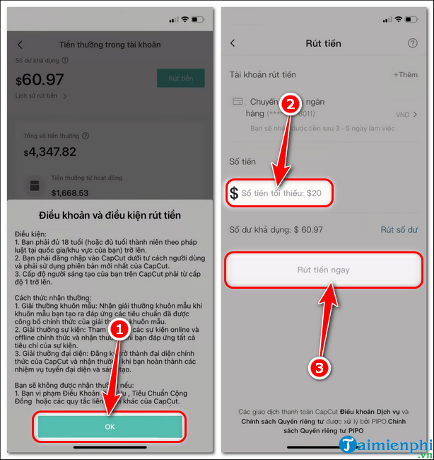cach rut tien tu capcut ve tai khoan
