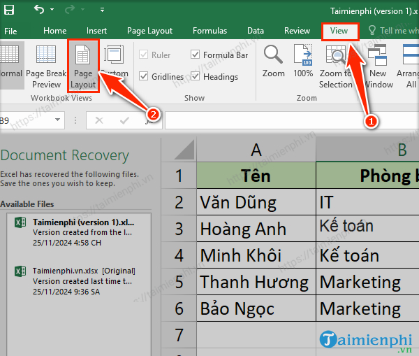 danh so trang trong excel