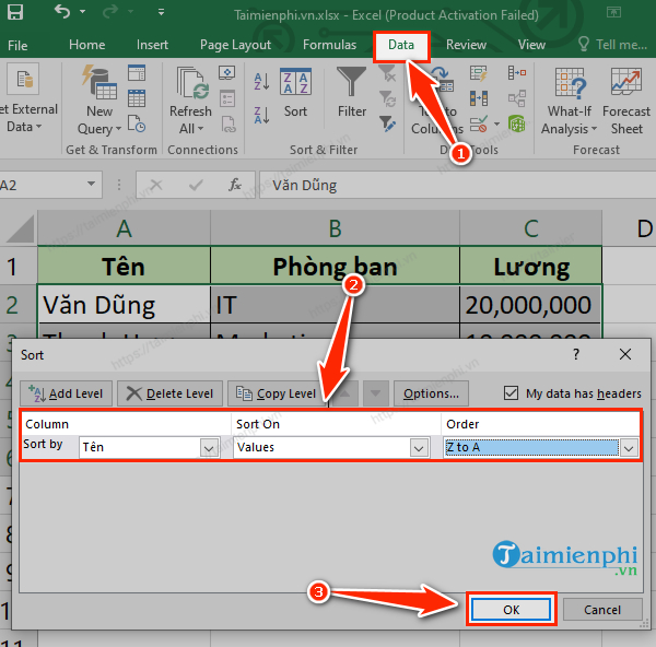 sap xep du lieu trong excel