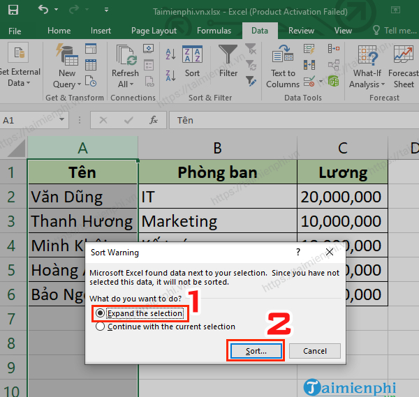 sap xep du lieu trong excel