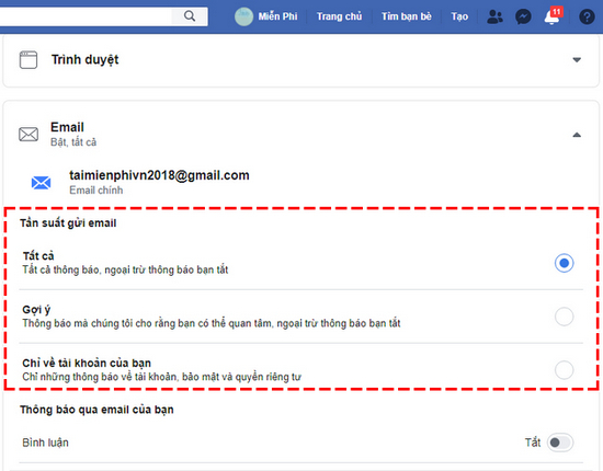 Ngăn chặn Facebook gửi thông báo trong Email đăng kí