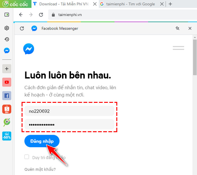 Cách chat Facebook Messenger trên thanh truy cập nhanh của Cốc Cốc