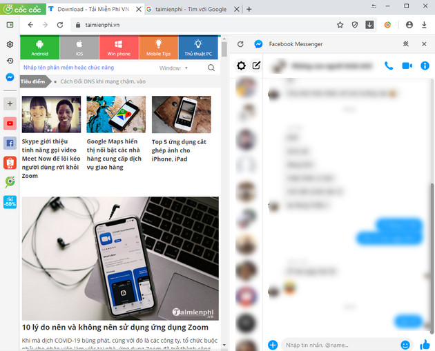 Cách chat Facebook Messenger trên thanh truy cập nhanh của Cốc Cốc