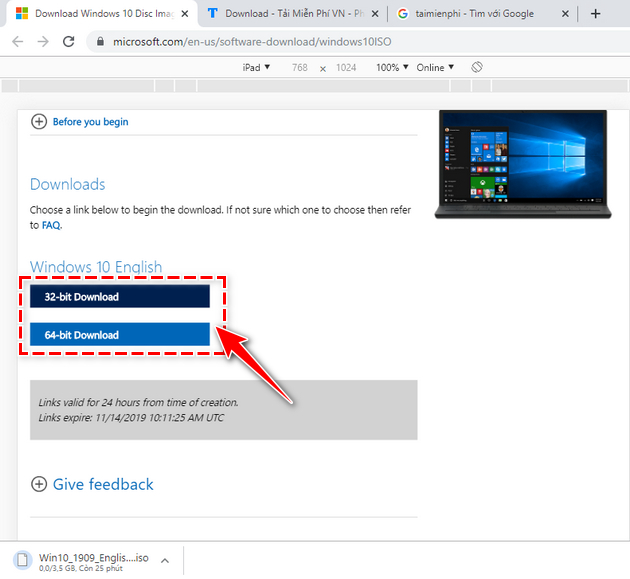 C ch l y link t i file iso windows 10 build 19603