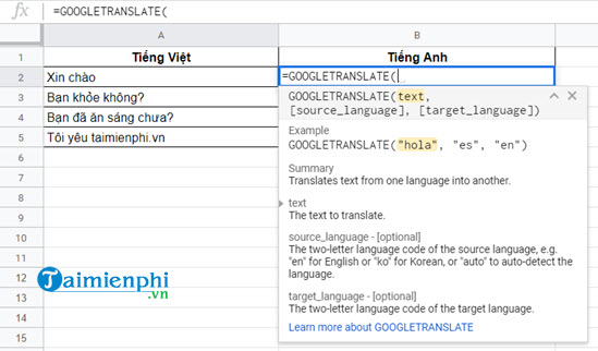 Cách dùng Google Translate trong Google Sheet