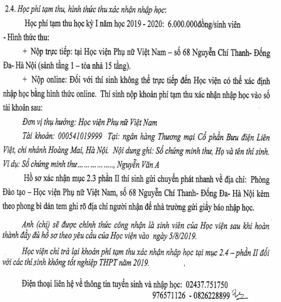 Điểm chuẩn Học viện Phụ nữ Việt Nam năm 2021