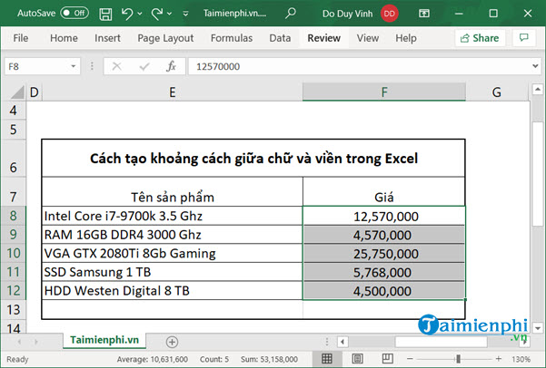 Cách tạo khoảng cách giữa chữ và viền trong Excel 12 cach tao khoang cach giua chu va vien trong excel