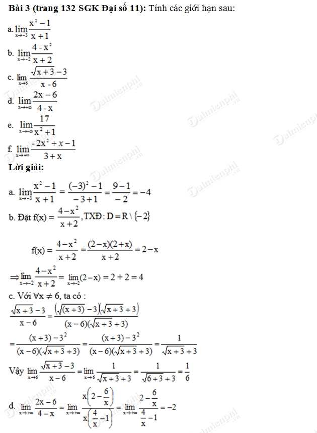 Giải Toán lớp 11 Bài 1, 2, 3, 4, 5, 6, 7 trang 132, 133 SGK Đại Số - Giới hạn của hàm số