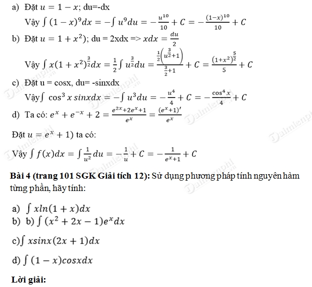 Giải Bài Tập Trang 100, 101 Sgk Giải Tích 12 - Nguyên Hàm, Bài 1, 2, 3