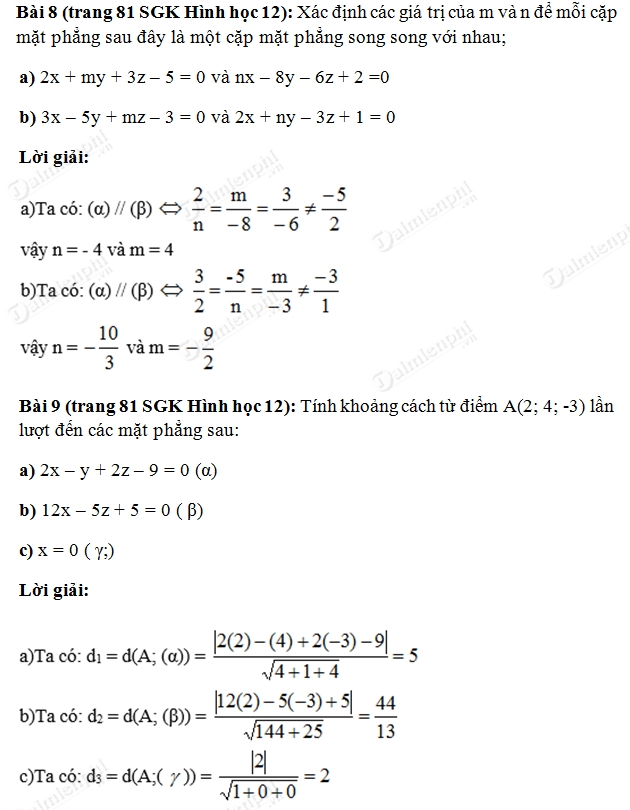 Giải toán lớp 12 Bài 1, 2, 3, 4, 5, 6, 7, 8, 9, 10 trang 80, 81 SGK Hình Học - Phương trình mặt phẳng