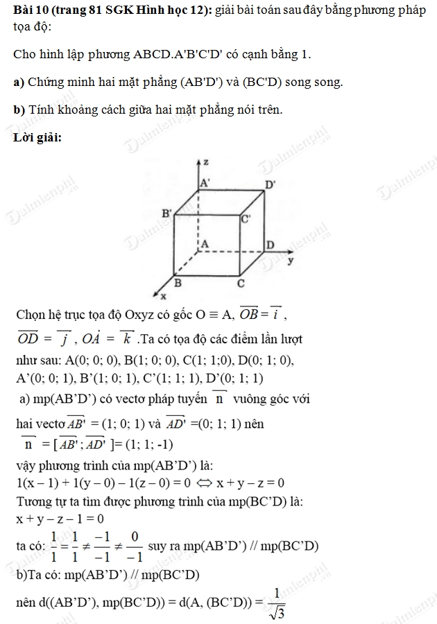 Giải toán lớp 12 Bài 1, 2, 3, 4, 5, 6, 7, 8, 9, 10 trang 80, 81 SGK Hình Học - Phương trình mặt phẳng