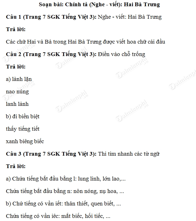 Soạn bài Chính tả Hai Bà Trưng trang 7 SGK Tiếng Việt 3 tập 2