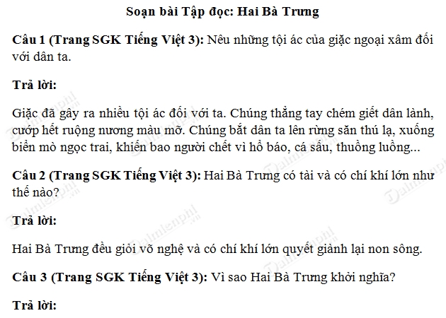 Soạn Tiếng Việt lớp 3 Tập đọc: Hai Bà Trưng