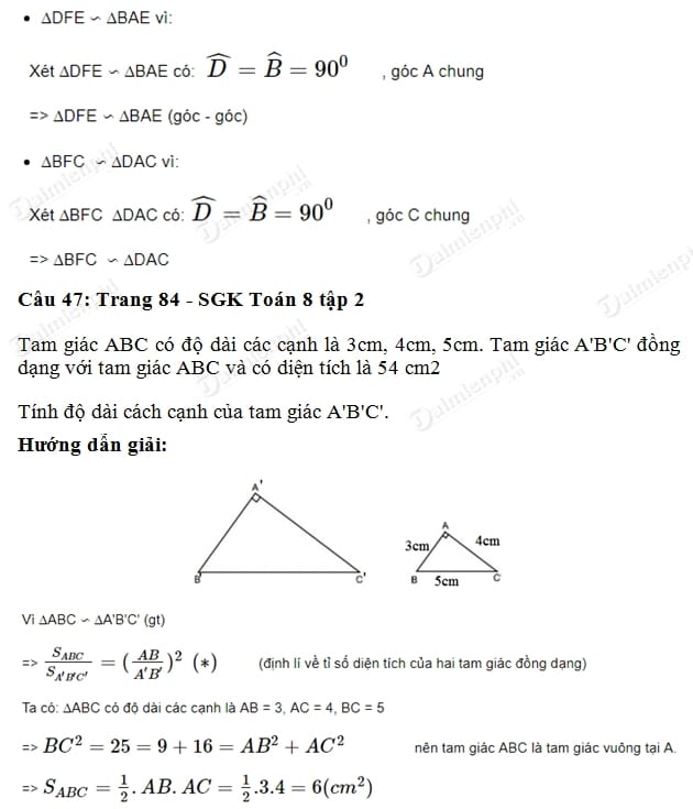 giai toan lop 8 cac truong hop dong dang cua tam giac vuong