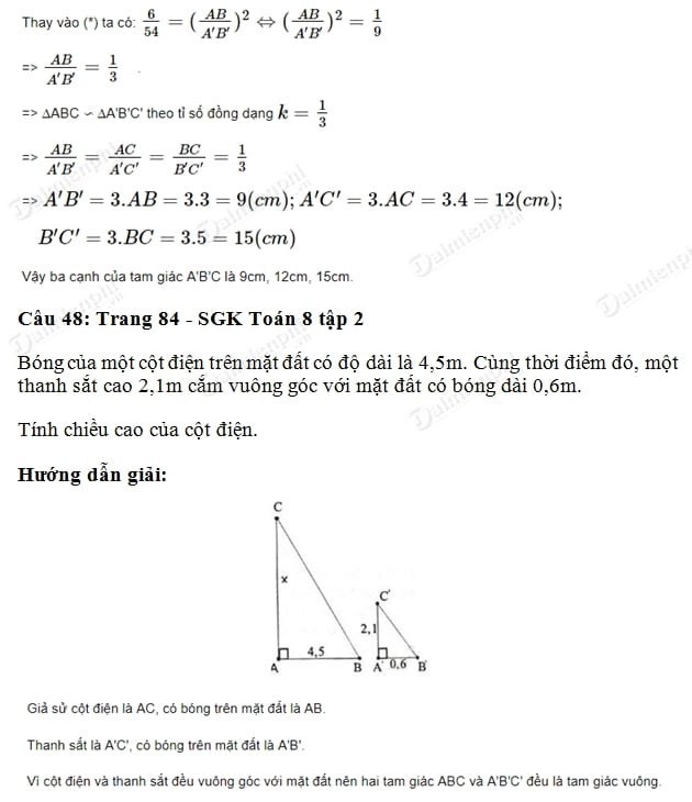 giai toan lop 8 cac truong hop dong dang cua tam giac vuong
