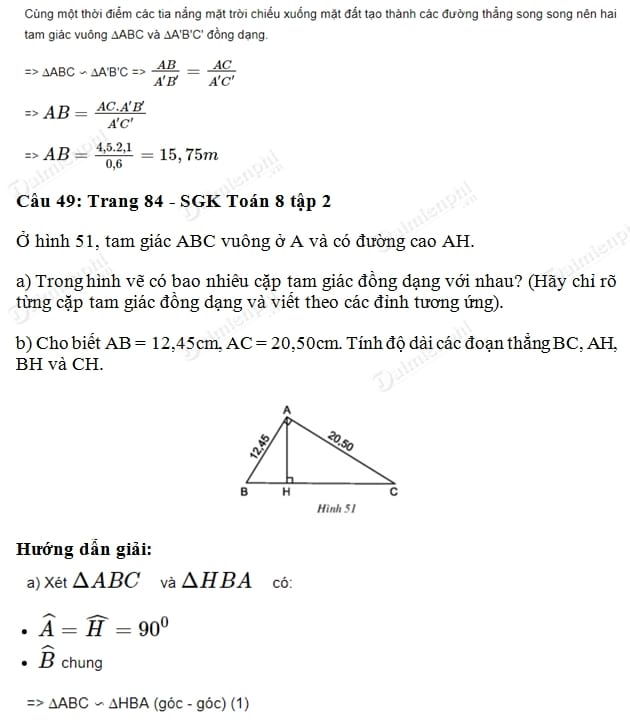 giai toan lop 8 cac truong hop dong dang cua tam giac vuong