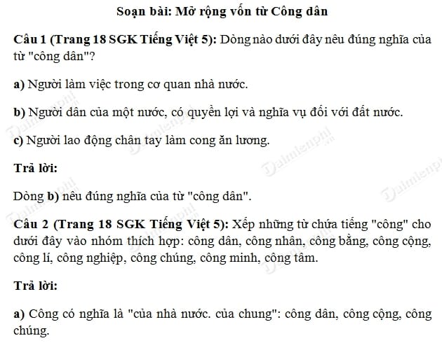 Soạn Tiếng Việt lớp 5 - Luyện từ và câu: Mở rộng vốn từ Công dân