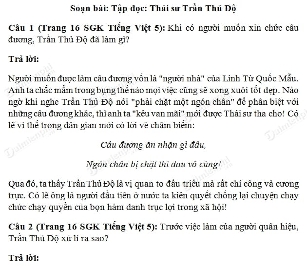 Soạn Tiếng Việt lớp 5 - Thái sư Trần Thủ Độ, tập đọc