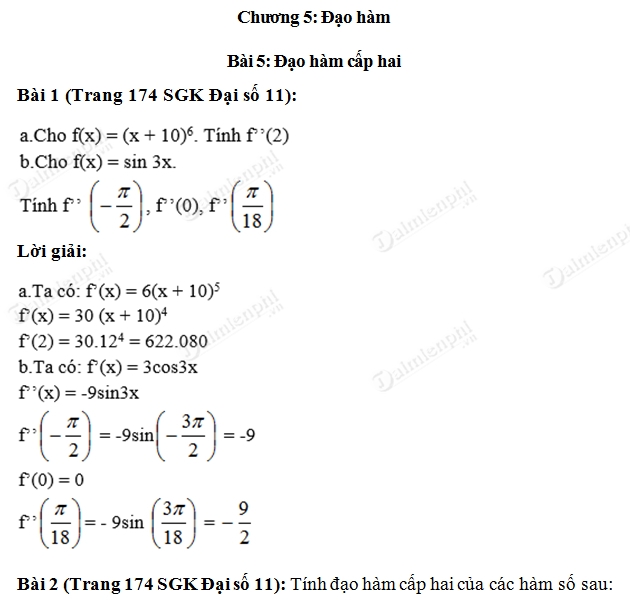 Giải toán lớp 11 Bài 1, 2 trang 174 SGK Đại Số - Đạo hàm cấp hai