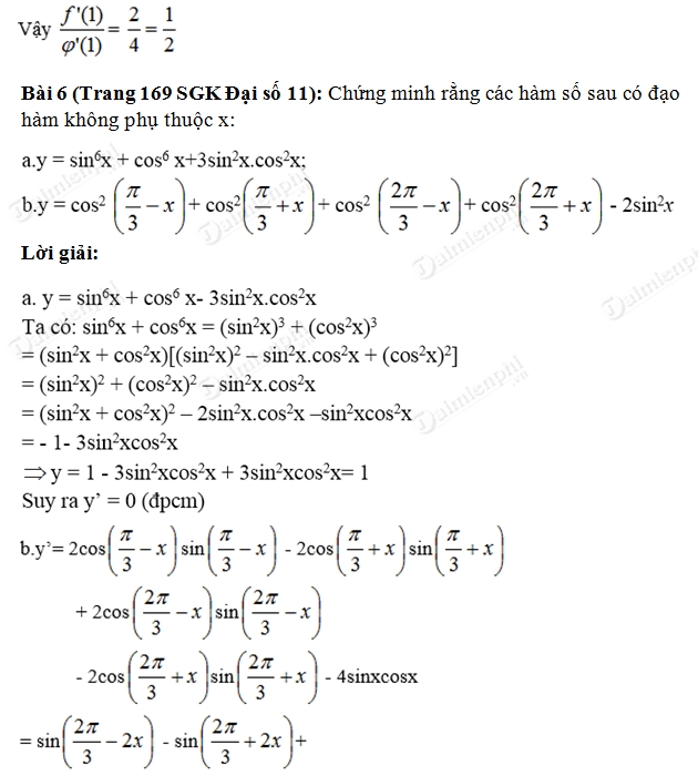 Giải Toán lớp 11 Bài 1, 2, 3, 4, 5, 6, 7, 8 trang 168, 169 SGK Đại Số - Đạo hàm của hàm số lượng giác