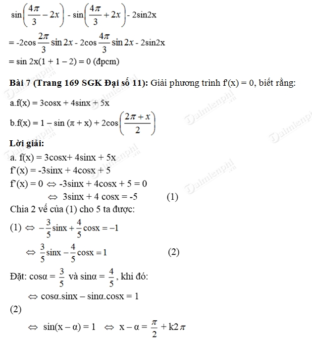 Giải Toán lớp 11 Bài 1, 2, 3, 4, 5, 6, 7, 8 trang 168, 169 SGK Đại Số - Đạo hàm của hàm số lượng giác