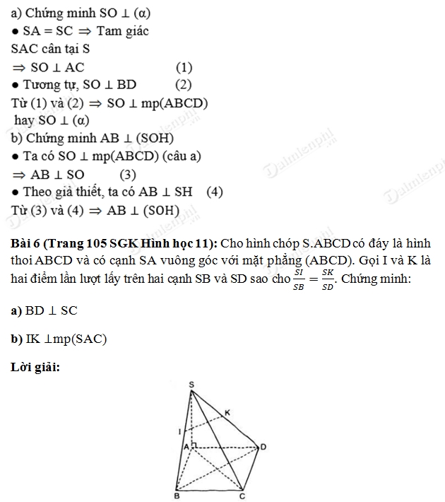Giải toán lớp 11 Bài 1, 2, 3, 4, 5, 6, 7, 8 trang 104, 105 SGK Hình Học - Đường thẳng vuông góc với mặt phẳng