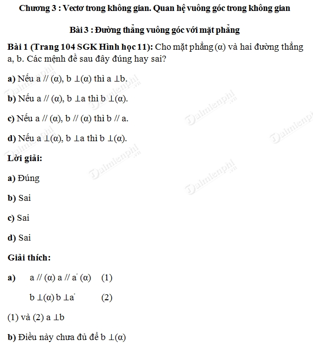 Giải toán lớp 11 Bài 1, 2, 3, 4, 5, 6, 7, 8 trang 104, 105 SGK Hình Học - Đường thẳng vuông góc với mặt phẳng