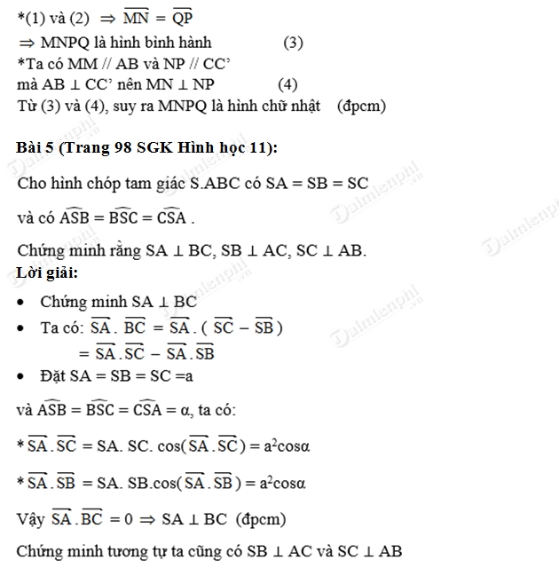 Giải toán lớp 11 Bài 1, 2, 3, 4, 5, 6, 7, 8 trang 97, 98 SGK Hình Học - Hai đường thẳng Vuông góc