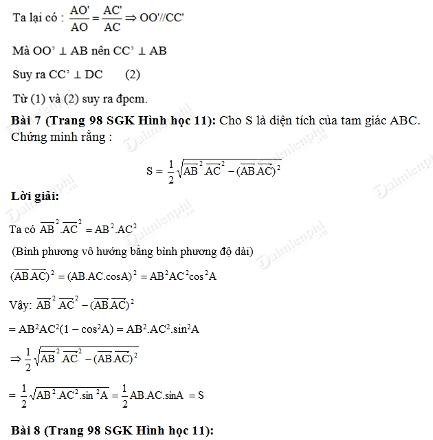 Giải toán lớp 11 Bài 1, 2, 3, 4, 5, 6, 7, 8 trang 97, 98 SGK Hình Học - Hai đường thẳng Vuông góc