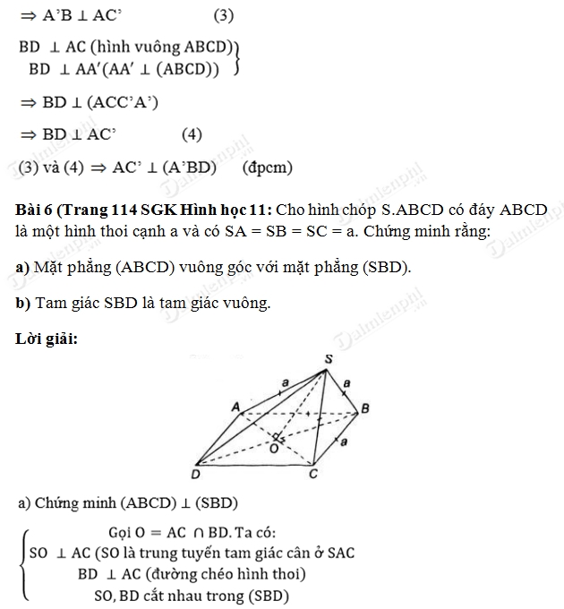 Giải toán lớp 11 Bài 1, 2, 3, 4, 5, 6, 7, 8, 9, 10, 11 trang 113, 114 SGK Hình Học - Hai mặt phẳng vuông góc