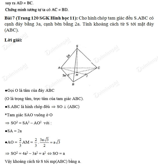Giải toán lớp 11 Bài 1, 2, 3, 4, 5, 6, 7, 8 trang 119, 120 SGK Hình Học- Khoảng cách