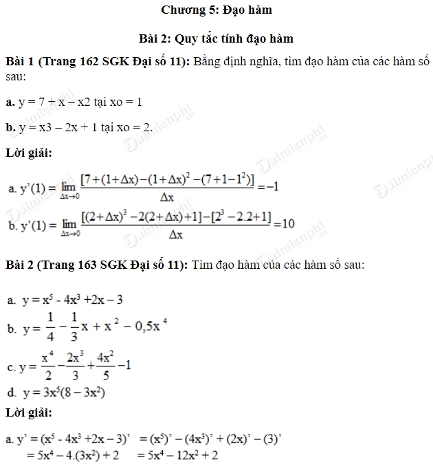 Giải toán lớp 11 Bài 1, 2, 3, 4, 5 trang 162, 163 SGK Đại Số - Quy tắc tính đạo hàm
