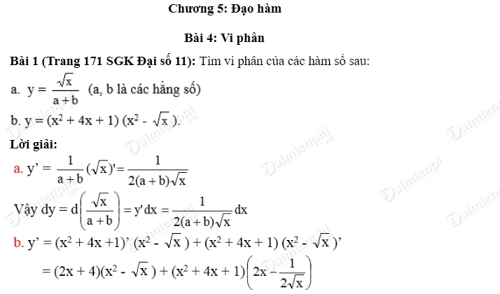 Giải toán lớp 11 Bài 1, 2 trang 171 SGK Đại Số - Vi phân