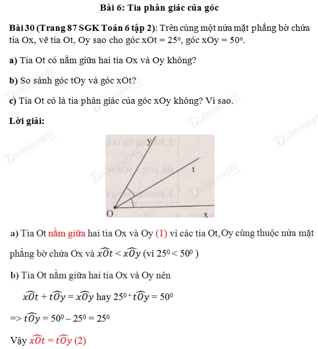 Giải toán lớp 6 tập 2 trang 87 tia phân giác của Góc, bài 30, 31, 32