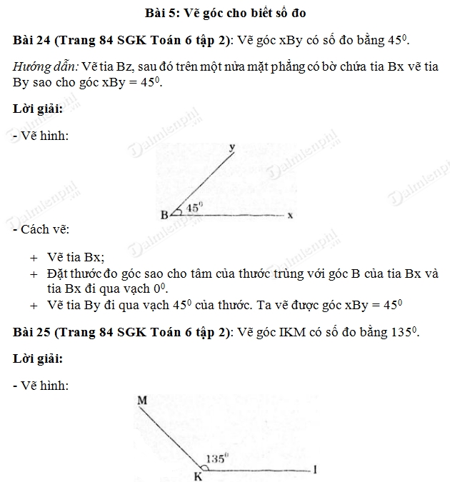 Giải toán lớp 6 tập 2 trang 84, 85 vẽ góc khi biết số đo
