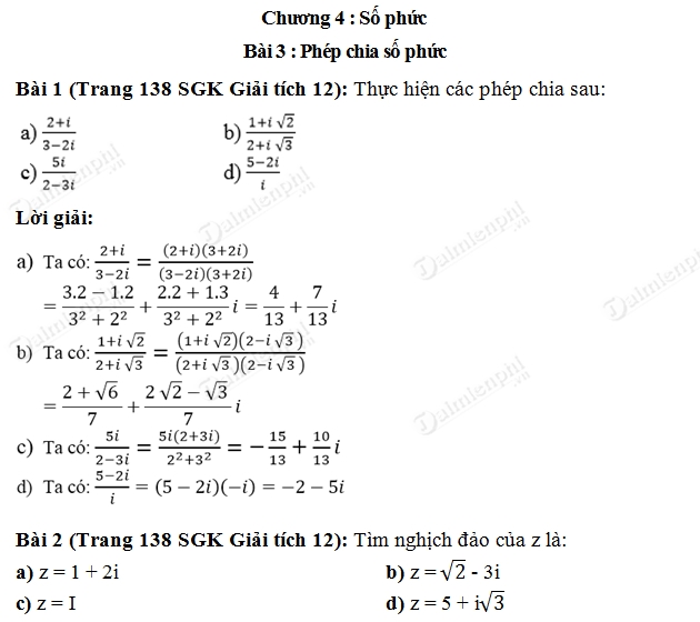 Giải toán lớp 12 Bài 1, 2, 3, 4 trang 138 SGK Giải Tích - Phép chia số phức