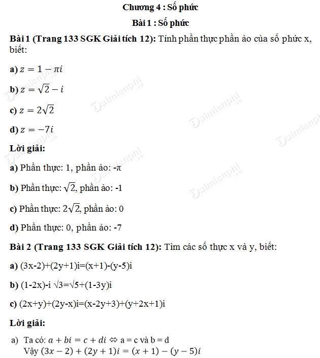 Giải toán lớp 12 Bài 1, 2, 3, 4, 5, 6 trang 133, 134 SGK Giải Tích - Số phức