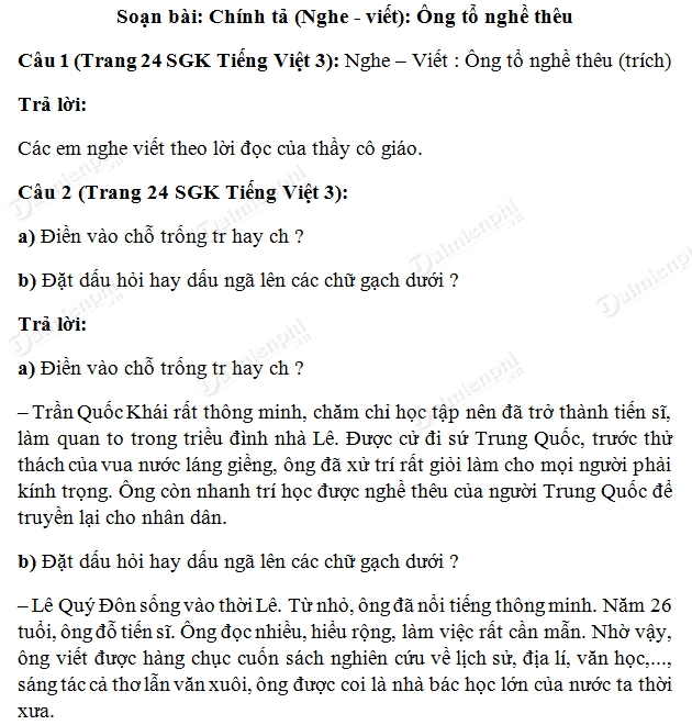 Soạn Tiếng Việt lớp 3 - Soạn bài Ông tổ nghề thêu, Chính tả (Nghe,viết)