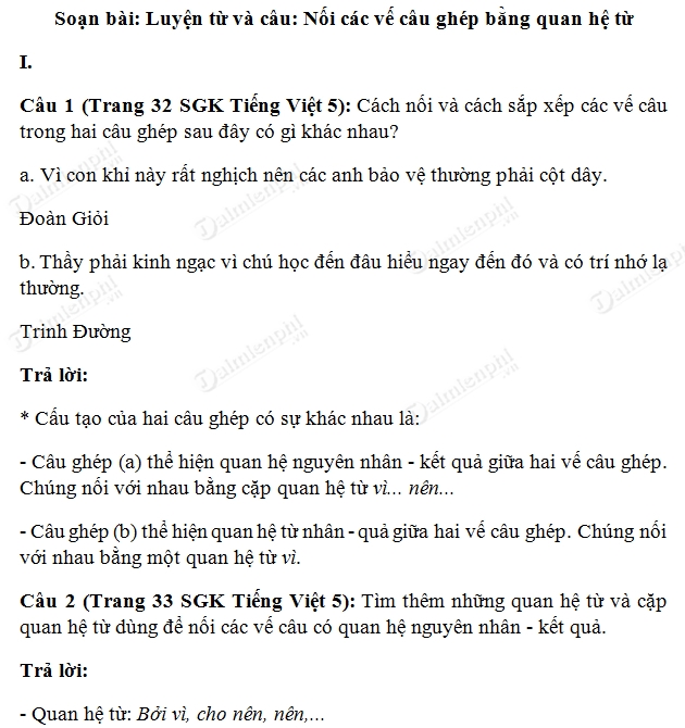Soạn Tiếng Việt lớp 5 - Nối các vế câu ghép bằng quan hệ từ tiếp theo, luyện từ và câu
