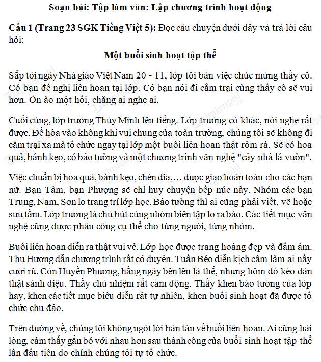 Soạn Tiếng Việt lớp 5 - Tập làm văn: Lập chương trình hoạt động